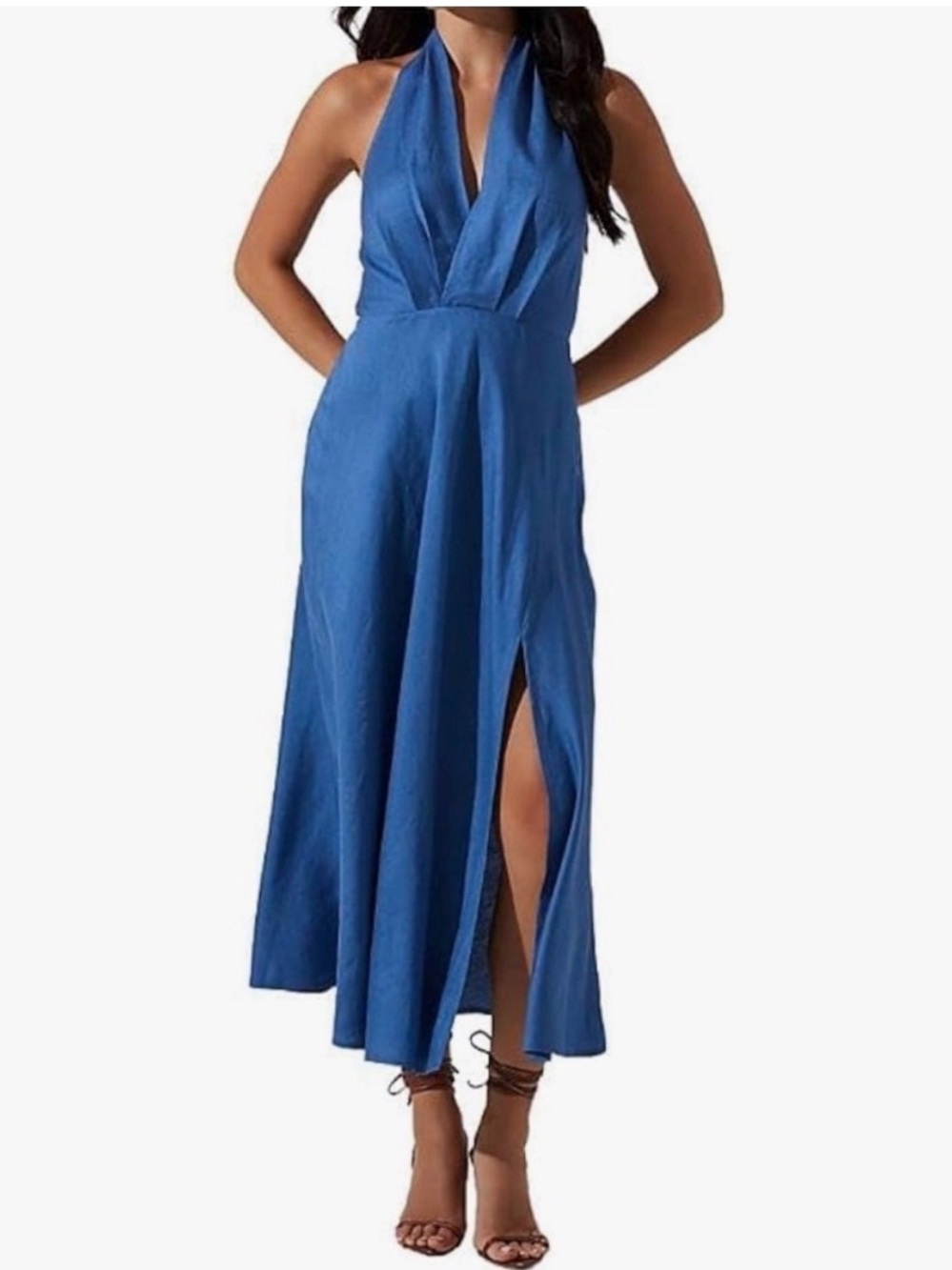 ASTR The Label Keava Blue Linen Blend Halter Midi Dress XS